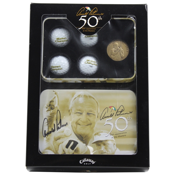 Arnold Palmer Signed 50th Appearance at The Masters Box Set w/Golf Balls & Medal JSA ALOA