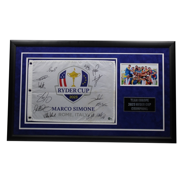 Rory, Rahm, Hovland & Full Winning Europe Signed 2023 Ryder Cup at Marco Simone Flag Display - Framed BAS #AC49723