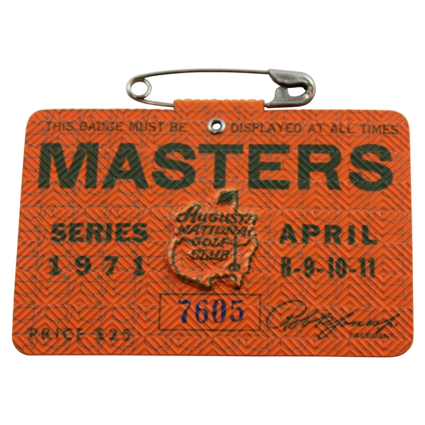 1971 Masters Tournament SERIES Badge #7605 - Charles Coody Winner