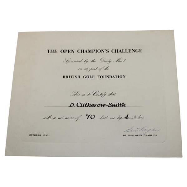 Ben Hogan Signed 1953 The Open Championship Challenge Certificate JSA ALOA