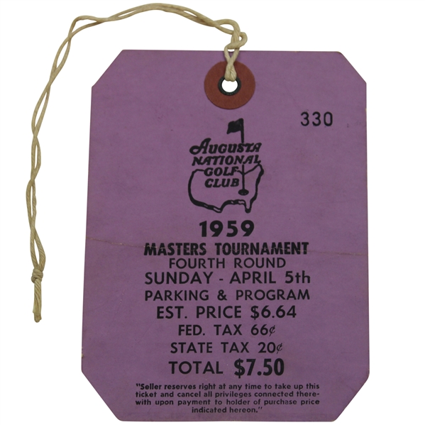 1959 Masters Tournament Final Rd Ticket #330 with Original String - Art Wall Winner & Jack Debut