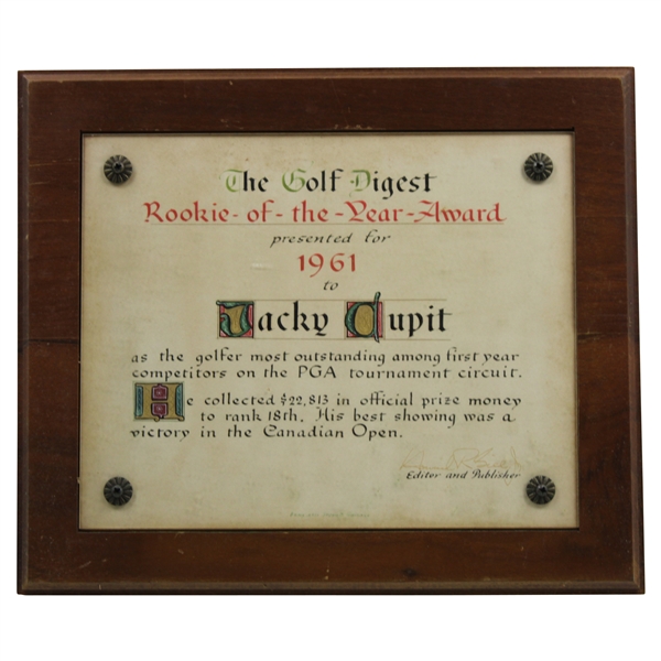 Jacky Cupits 1961 Golf Digest Rookie Of The Years Award Plaque