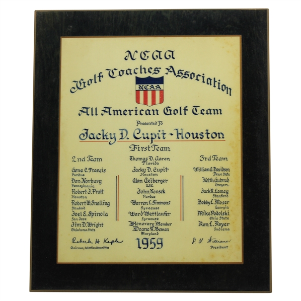 Jacky Cupits 1959 Golf Coaches Association All America Golf Team Award Plaque