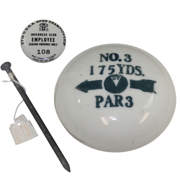 1957 US Open at Inverness Ceramic Tee Marker w/Employee Badge - Nicklaus PGA Tour Debut