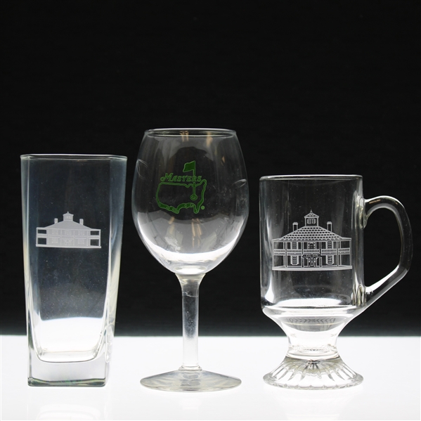 Three (3) Augusta National Golf Club & Masters Logo Glasses - Water, Wine, Coffee
