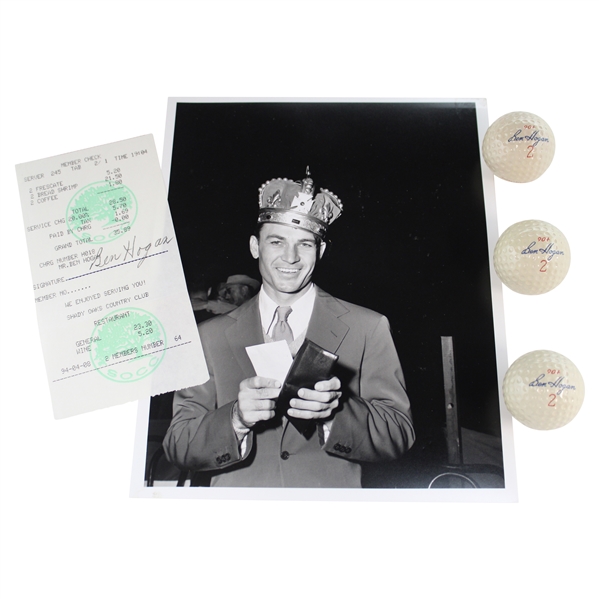 1942 Ben Hogan LA Open Photo & Three (3) Hogan Balls w/Hogan Signed Shady Oaks Receipt JSA ALOA