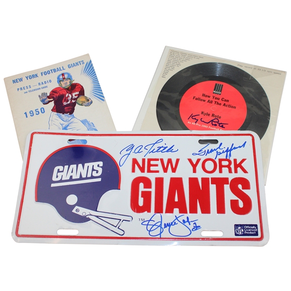 Legends Signed Giants License Plate, Kyle Rote Signed 1965 Football Vinyl Record & 1950 Giants Press Guide JSA ALOA