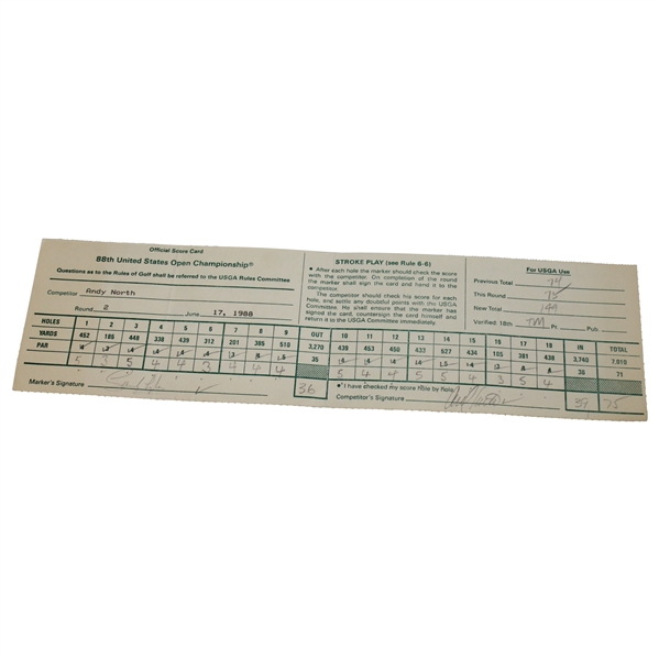 Andy North Signed 1988 US Open at The Country Club Official Scorecard