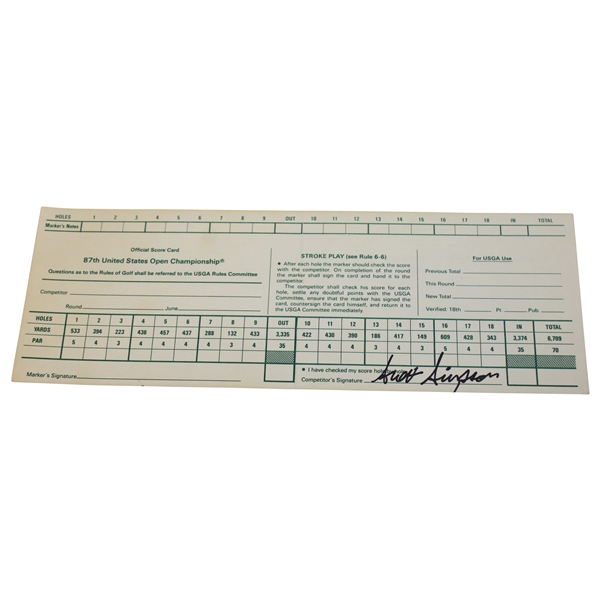 Scott Simpson Signed 1987 US Open at Olympic Club Official Scorecard 