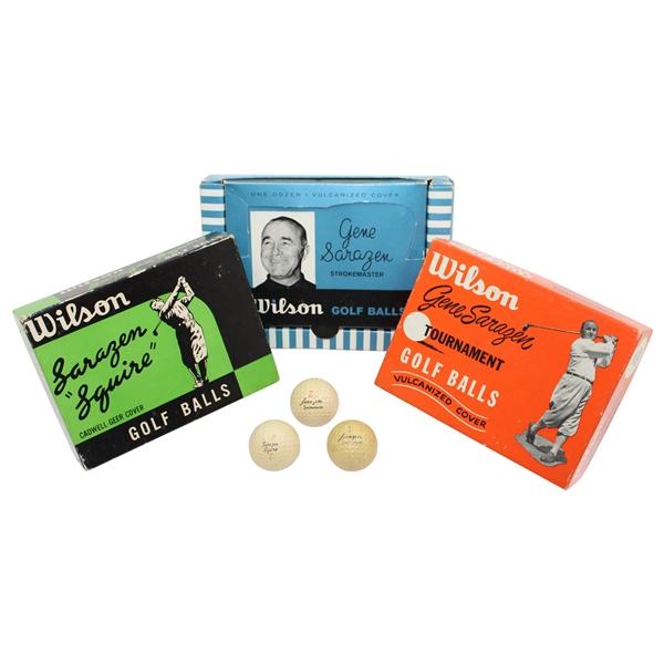 Wilson Sarazen Squire, Gene Sarazen Tournament , Gene Sarazen Strokemaster Golf Ball Boxes & (3) Golf Balls