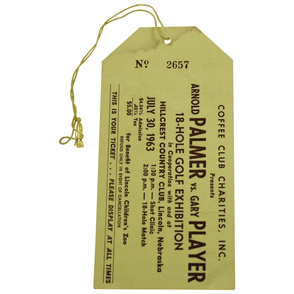 1963 Palmer vs Player 18 Hole Golf Exhibition at Hillcrest CC Ticket #2657