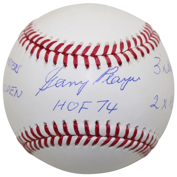 Gary Player Signed MLB Baseball w/HoF 74, 3x Masters, 65 US Open, 3x British Open, 2x PGA Inscr. JSA  #CA63076