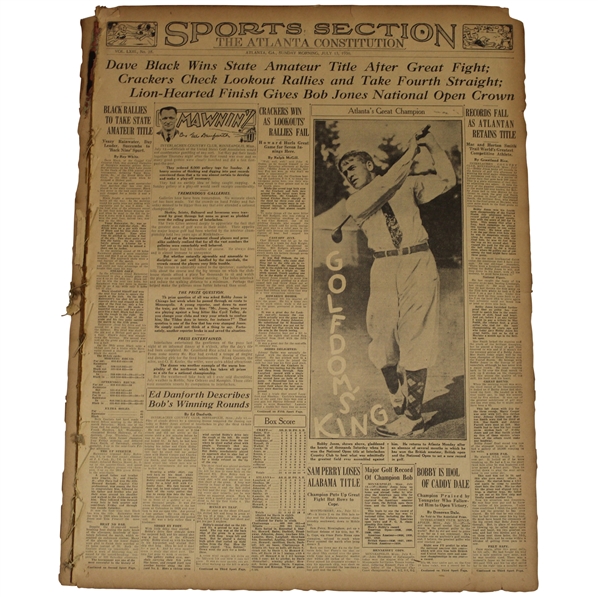 1930 Atlanta Constitution Bobby Jones "Golfdoms King" Newspaper Article/Photo