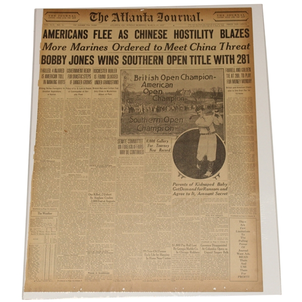 1927 Atlanta Journal Bobby Jones "Southern Open & Open Championship Champion" & Augusta National