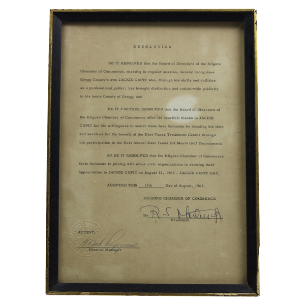 Jacky Cupits 1963 Kilgore Chamber Of Commerce Recognition Of Jacky Culpit Resolution 