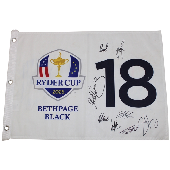 Rory McIlroy & (7) European Signed 2025 Ryder Cup Flag JSA ALOA