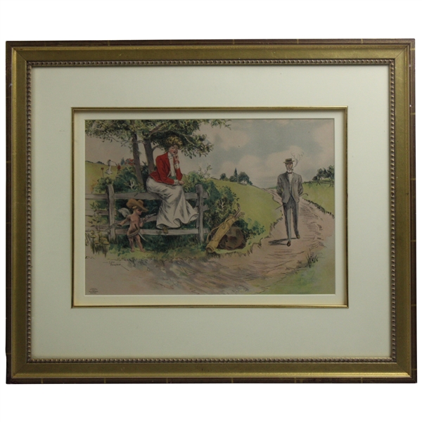 1904 Lady Golfer Smitten By Eros As Man Walks Near Color Print By Lou Mayer, Wood Framed