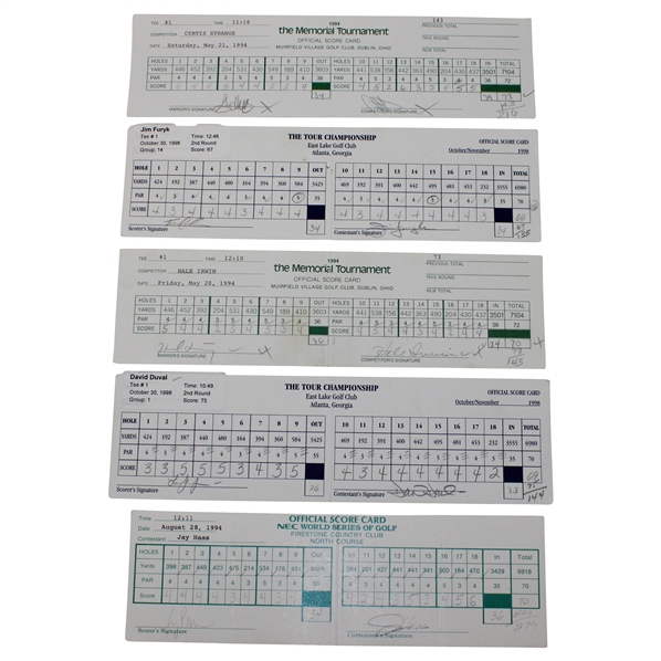 Duval, Furyk, Irwin & (7) others Signed 1994, 1998 & 1994 Memorial, Tour Champ. & World Series of Golf Official Scorecards 