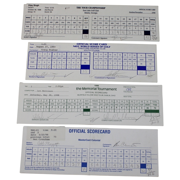 Crenshaw, Singh, Stadler & (5) others Signed 1998 Mastercard Colonial, 1998 Tour Championship, 1998 Memorial & 1993 World Series Of Golf Official Scorecards