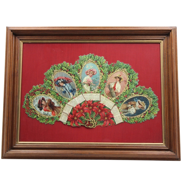 1909 Holly Calendar Fan w/Victorian Era Lady Scenes - Golf is Depicted on Aug-Oct - Framed