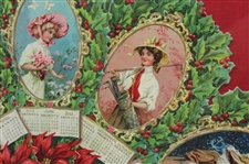1909 Holly Calendar Fan w/Victorian Era Lady Scenes - Golf is Depicted on Aug-Oct - Framed