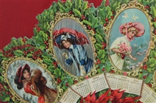 1909 Holly Calendar Fan w/Victorian Era Lady Scenes - Golf is Depicted on Aug-Oct - Framed