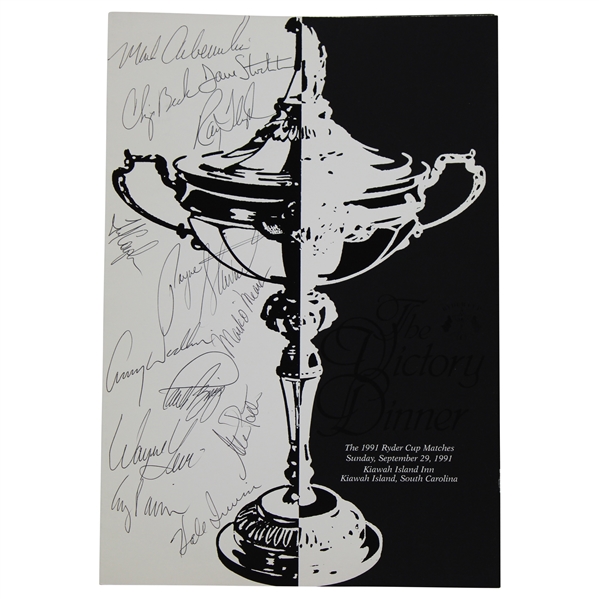 Hale Irwins 1991 Ryder Cup at Kiawah Team USA Signed Official Victory Dinner Menu JSA ALOA