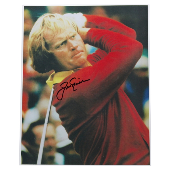 Jack Nicklaus Signed Post-Swing in Red Sweater 14x20 JSA ALOA