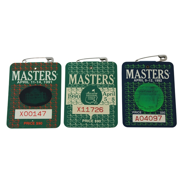 1990, 1991 & 1992 Masters Tournament SERIES Badges - Faldo, Woosnam & Couples Winners
