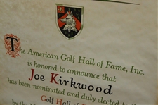 1965 American Golf Hall of Fame Induction Scroll Announcing Joe Kirkwood's Selection