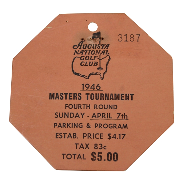 1946 Masters Tournament Sunday Final Round Ticket #3187 - Herman Keiser Winner