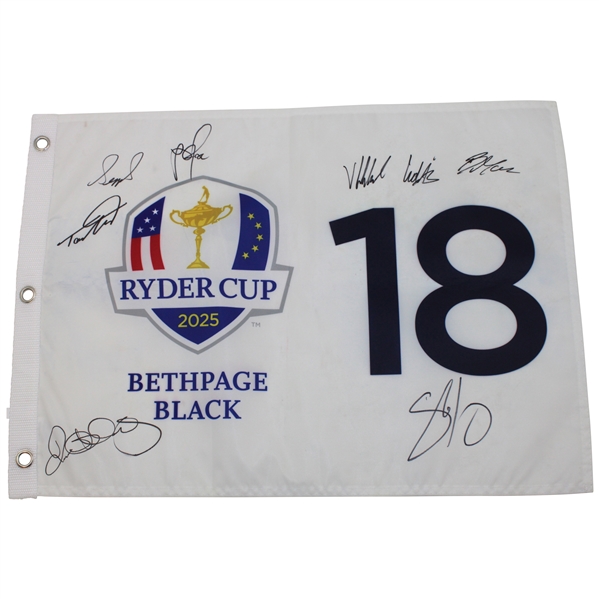 Rory & Seven (7) other Team Europe Signed 2025 Ryder Cup at Bethpage Black Flag JSA ALOA