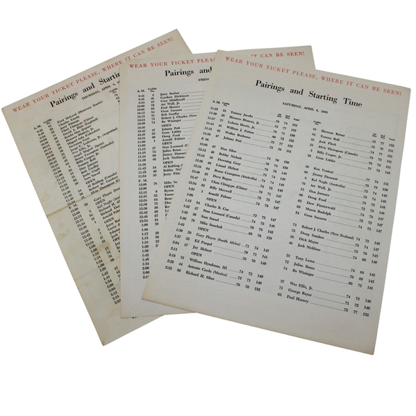 1963 Masters Tournament Thursday, Friday & Saturday Pairing Sheets - Jacks First Masters Win