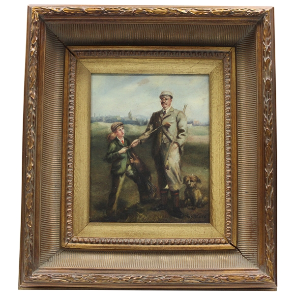 c.Early 1900s Thos. Wolfe Oil on Canvas Gentleman Golfer w/Caddie & Dog on the Links