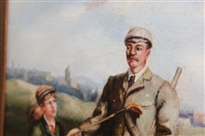 c.Early 1900's Thos. Wolfe Oil on Canvas Gentleman Golfer w/Caddie & Dog on the Links