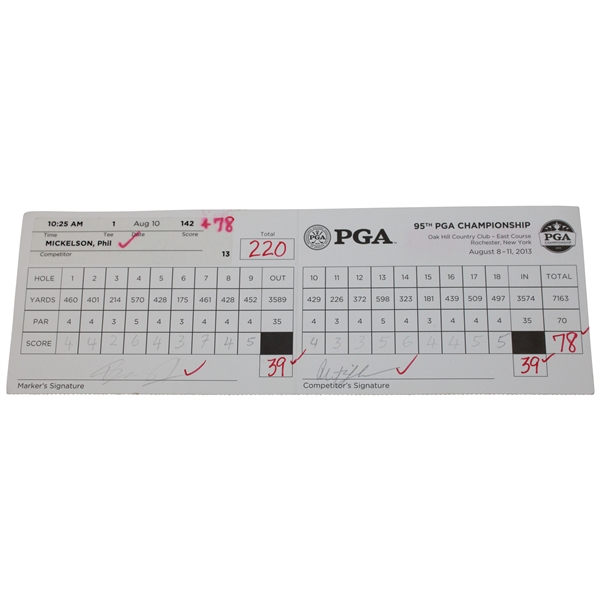 Phil Mickelson & Vijay Singh Signed Official 2013 PGA Championship at Oak Hill CC 3rd Rd Scorecard