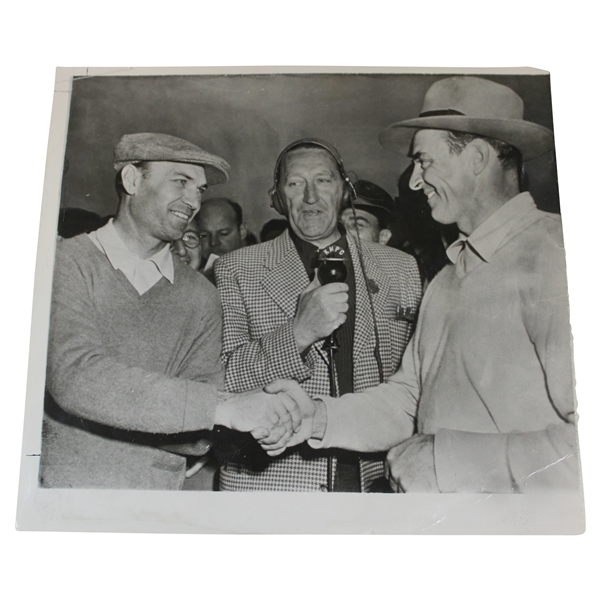 1950 Ben Hogan & Sam Snead Shaking Hands w/Radio Announcer Between at 1950 LA Open Press Photo