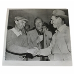 1950 Ben Hogan & Sam Snead Shaking Hands w/Radio Announcer Between at 1950 LA Open Press Photo