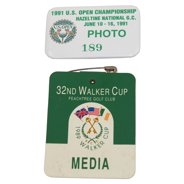 1989 Walker Cup at Peachtree GC Media Badge & 1991 US Open at Hazeltine Photo Badge #189