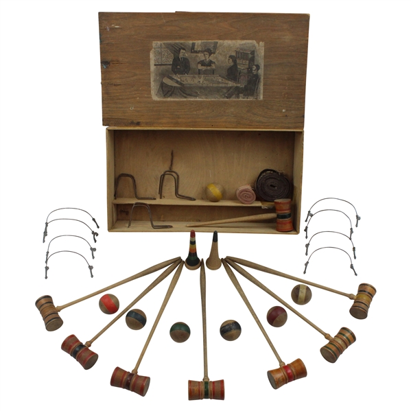 c.Late 1800s Miniature Parlor Table Croquet Set in Pine Box - Hutchin & Noyes & Co.