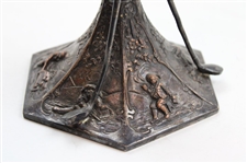 Ornate Golfing Cherubs with Crossed Clubs and Dimple Golf Ball at Base Thin Vase