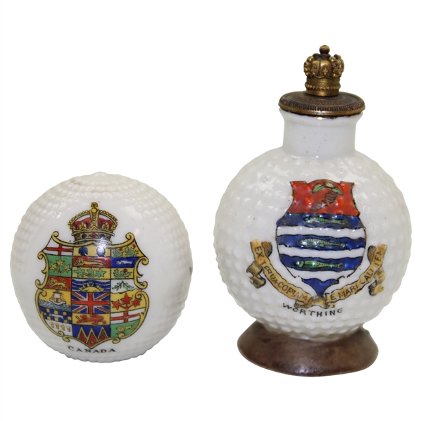 Two (2) Carlton China Crest Logo Bramble Golf Balls - Worthing & Canada