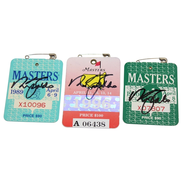Nick Faldo Signed 1989, 1990, & 1996 Masters Tournament SERIES Badges JSA ALOA