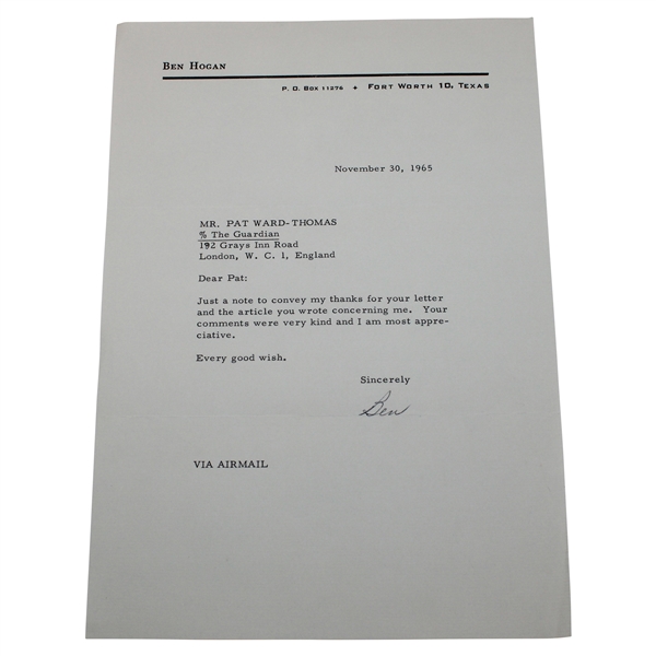 Ben Hogan Signed 1965 Letter To Pat Ward Thomas JSA ALOA