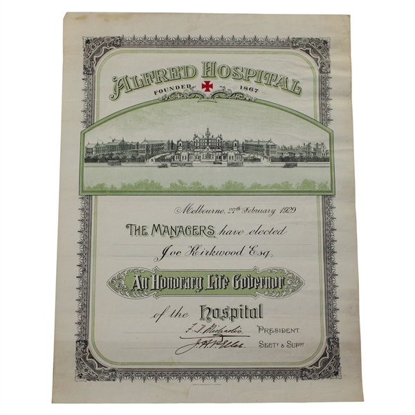 1929 Joe Kirkwood Elected Alfred Hospital Honorary Life Governor Certificate - Melbourne