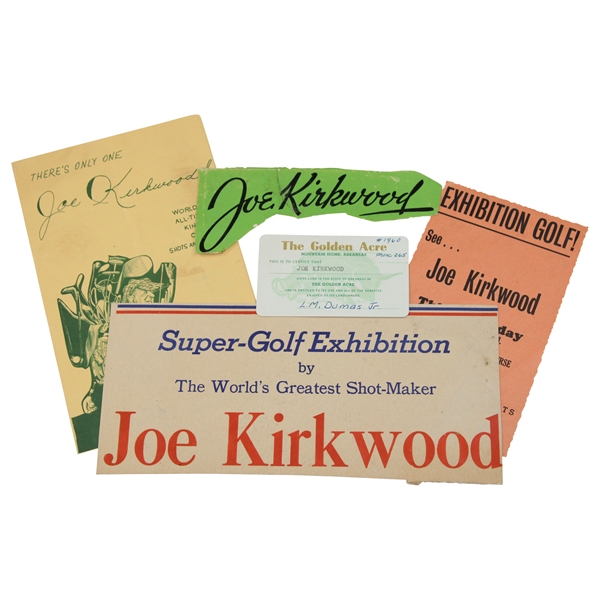 Four (4) Joe Kirkwood Exhibition Advertising Pieces & Joe Kirkwoods Golden Acre Land Ownership Card