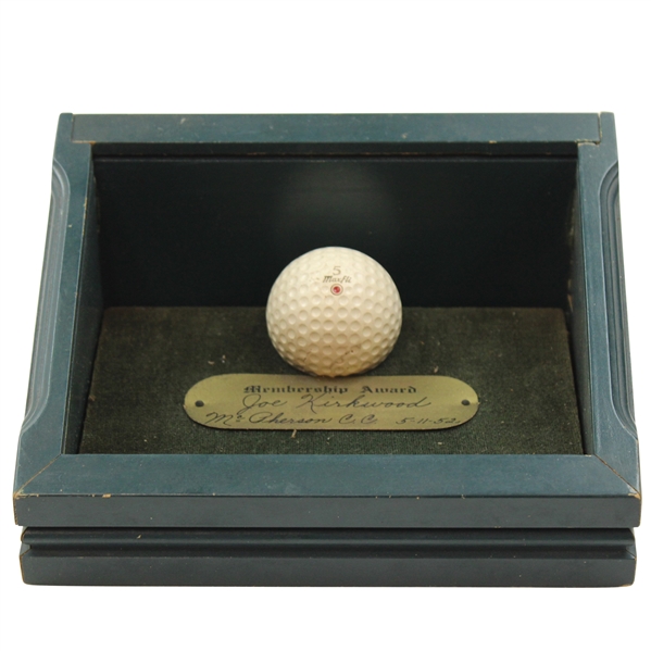 Joe Kirkwoods Mcpherson Country Club Membership Award 5-11-1952 Golf Ball in Shadowbox