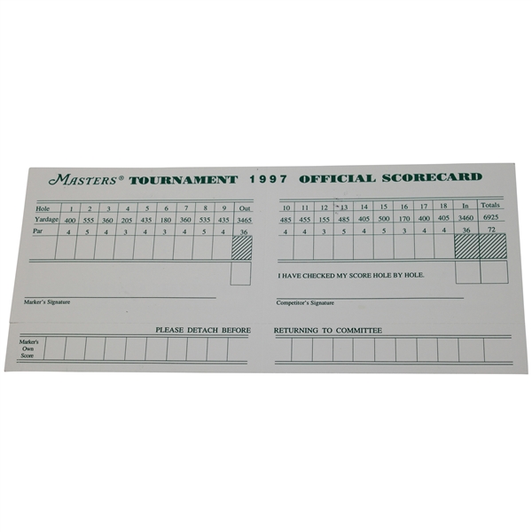 1997 Masters Tournament Official Scorecard - Tiger Woods First Master Win