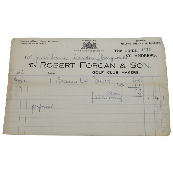 1913 Robert Forgan & Son Invoice for Brassie Splice (Neck) Driver