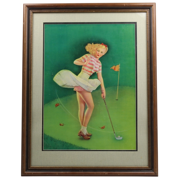 Lady Golfer With Dress Blowing Up Matted And Framed